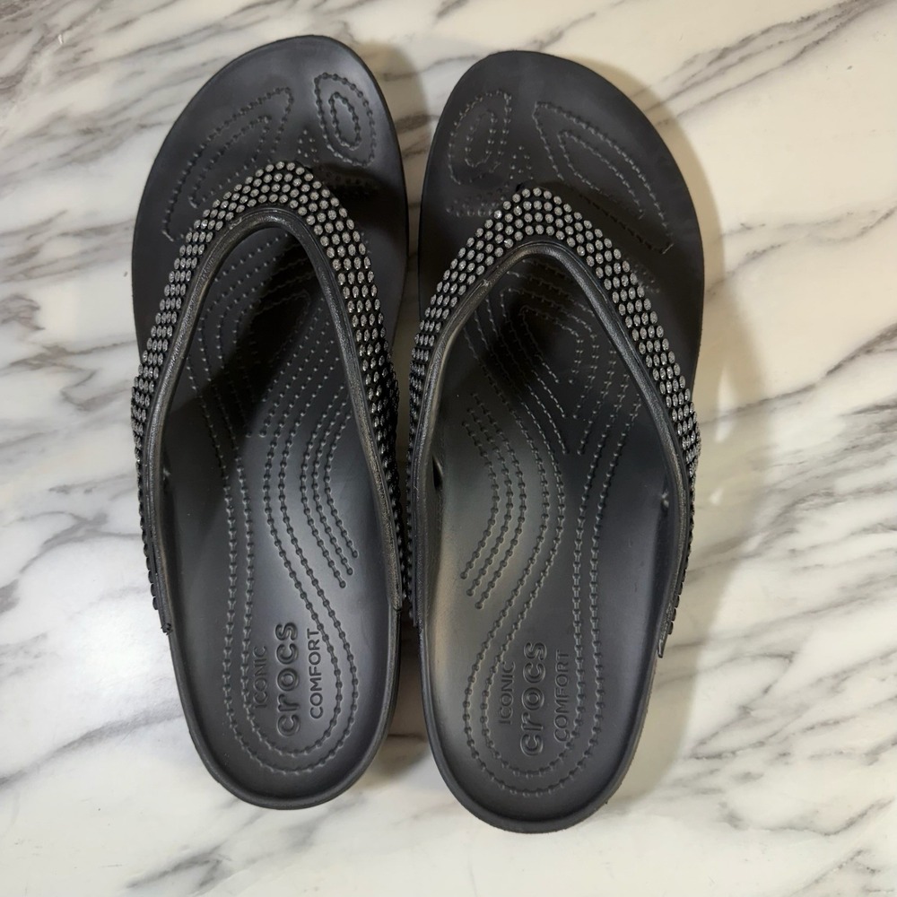 Crocs Kadee II Black Embellished Flip Flops Size 10 Sandals Slip On Comfort